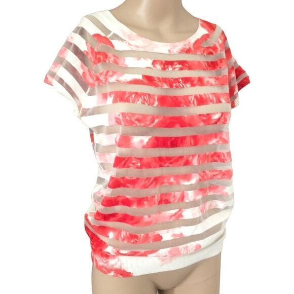 Red White Striped Top Small Mesh Sheer Stripes Tie Dye Lightweight Knit Pullover - Picture 4 of 16